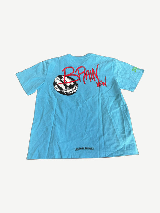 Chrome Hearts Matty Boy aqua blue tee back view with red Brain New diamond graphic print