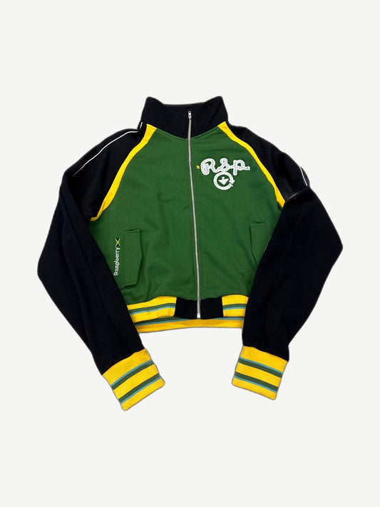 GV Gallery Raspberry Hills cropped zip up in green black yellow Jamaican colorway with RH logo on chest.