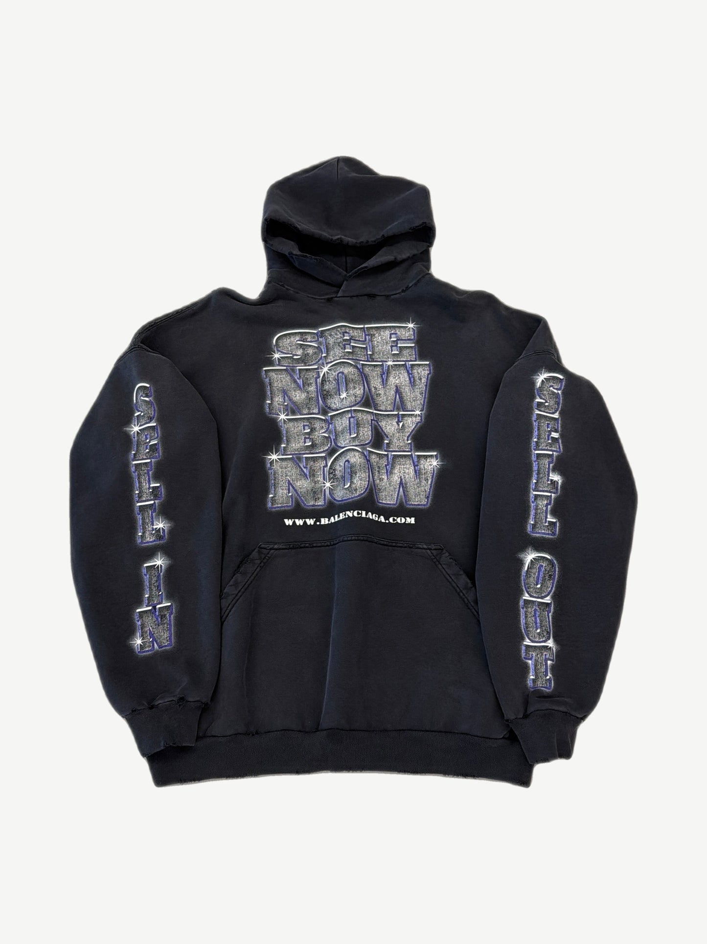 Balenciaga black oversized hoodie with rhinestone See Now Buy Now chest print and Sell In Sell Out sleeves
