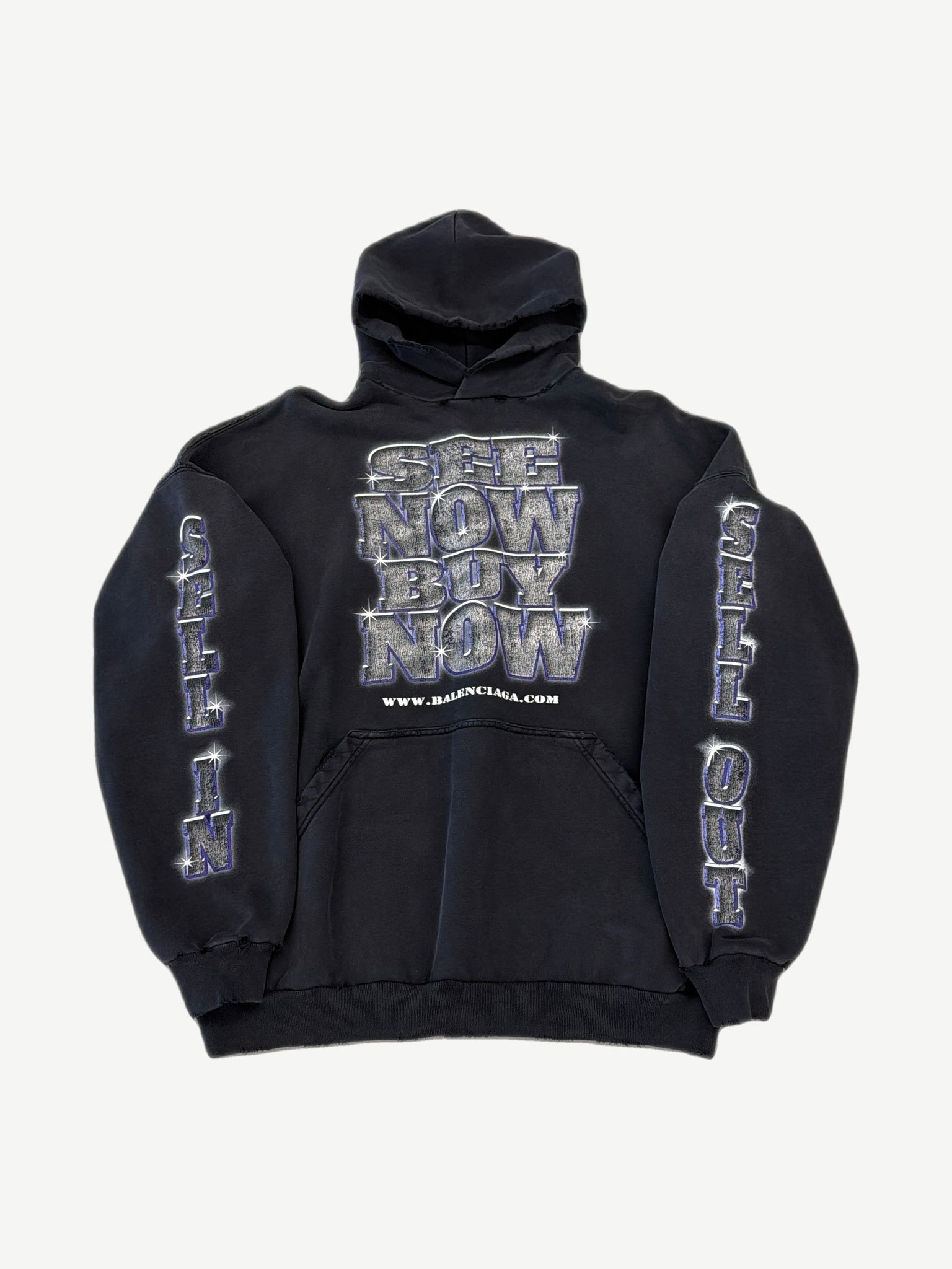 Balenciaga black oversized hoodie with rhinestone See Now Buy Now chest print and Sell In Sell Out sleeves