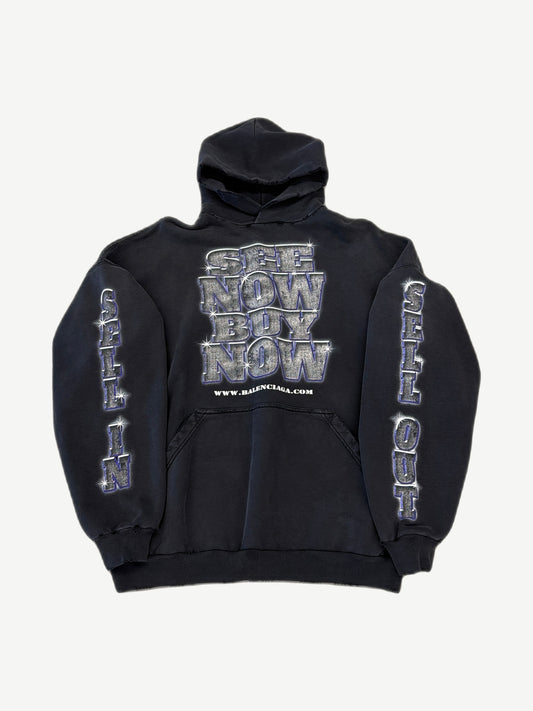 Balenciaga black oversized hoodie with rhinestone See Now Buy Now chest print and Sell In Sell Out sleeves