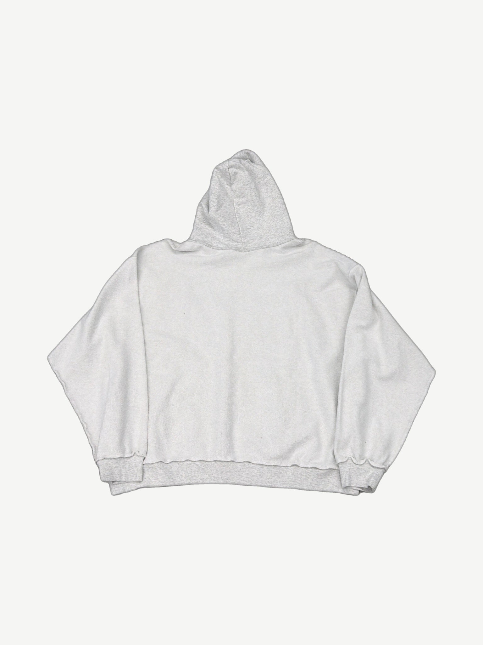 Back of Balenciaga light grey inside out hoodie showing oversized boxy fit and raw inverted seam detailing