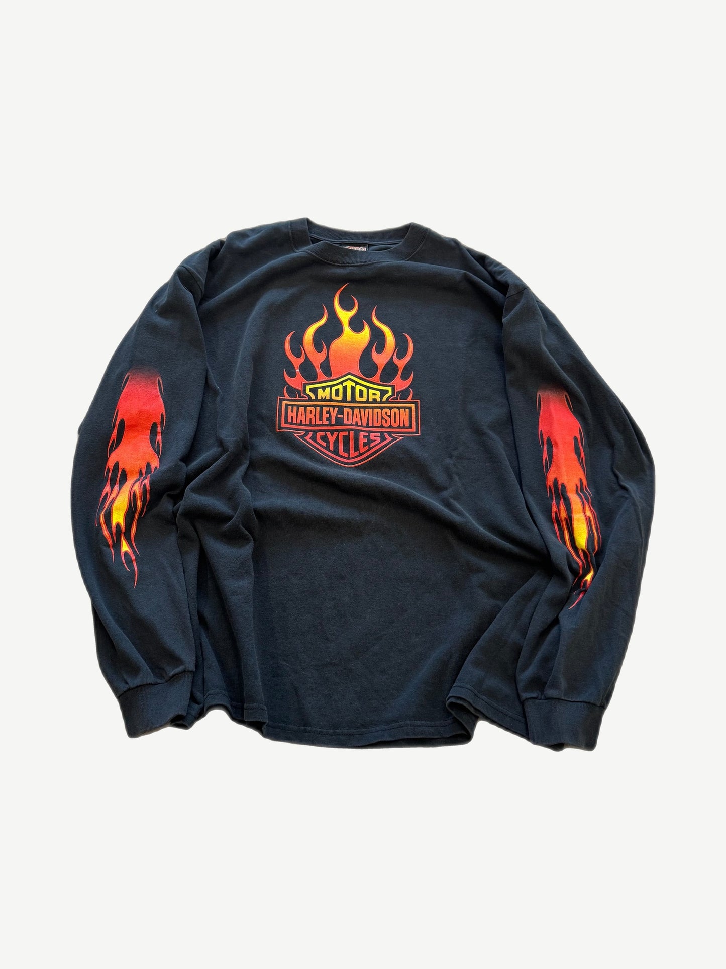 Vintage Harley Davidson black longsleeve with bar and shield flame logo and flame sleeve prints