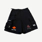 Balenciaga black gamer cargo shorts front with multi pocket utility design and BLNCG biohazard logo prints