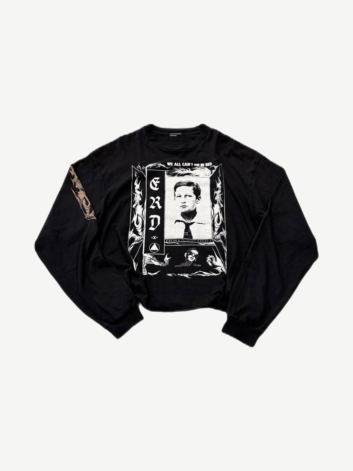 Enfants Riches Deprimes black Die In Bed longsleeve with framed portrait gothic text and flame sleeve