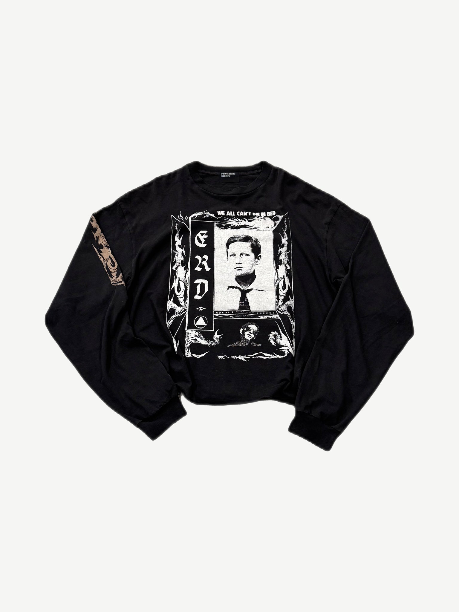 Enfants Riches Deprimes black Die In Bed longsleeve with framed portrait gothic text and flame sleeve