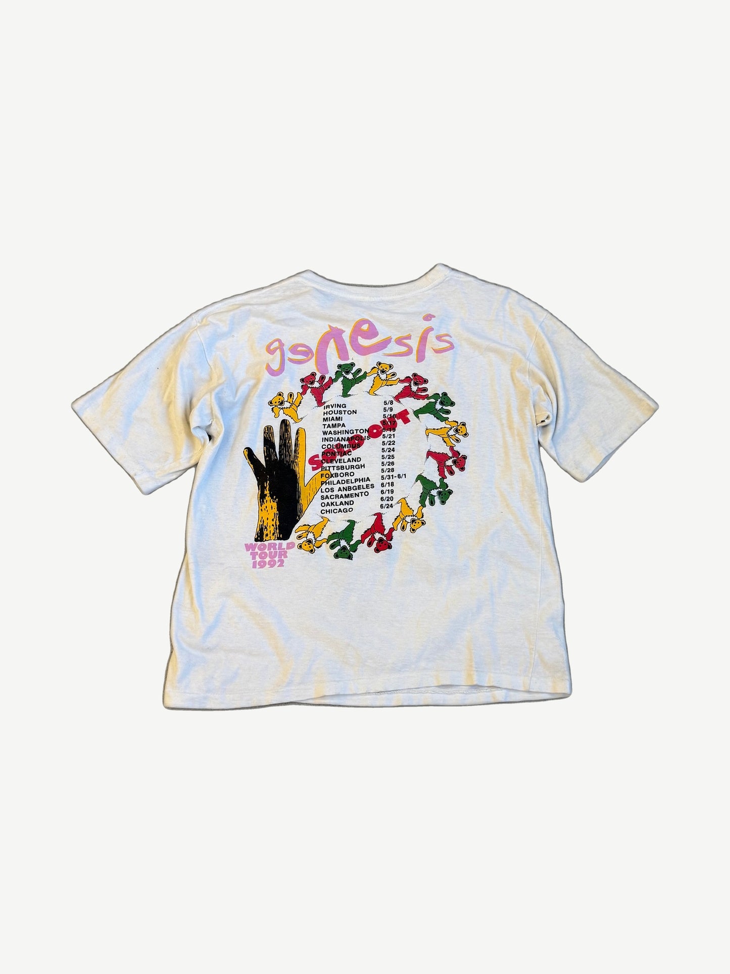 Vintage Genesis white tee back with hand graphic, circle of bears and 1992 World Tour Sold Out US city dates list.