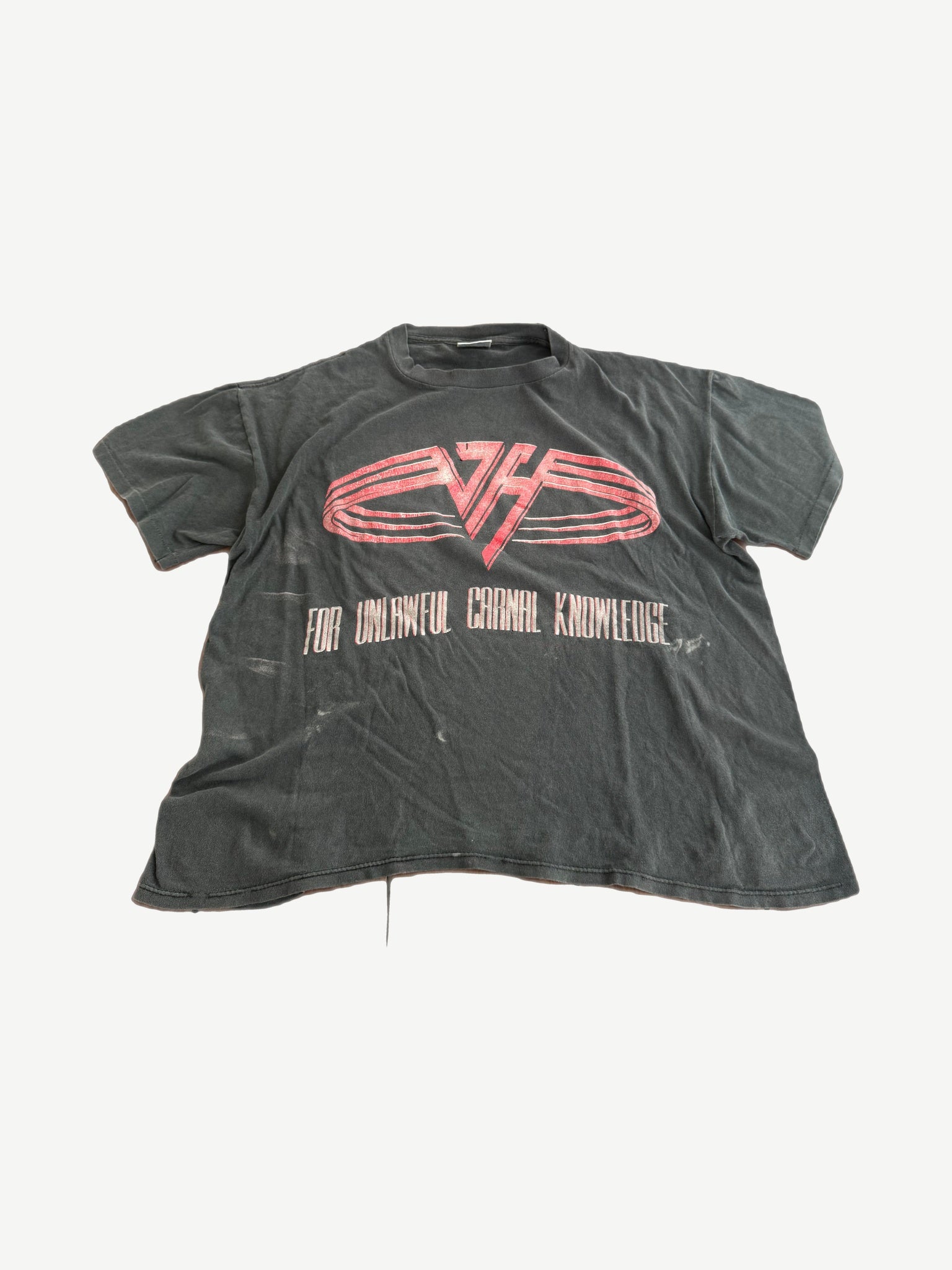 Vintage 1992 Van Halen tee front, faded black with red VH logo above For Unlawful Carnal Knowledge tour print.