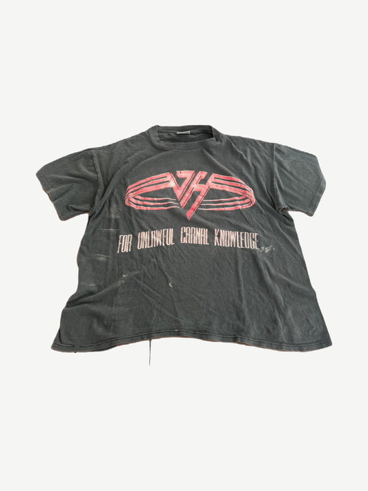 Vintage 1992 Van Halen tee front, faded black with red VH logo above For Unlawful Carnal Knowledge tour print.
