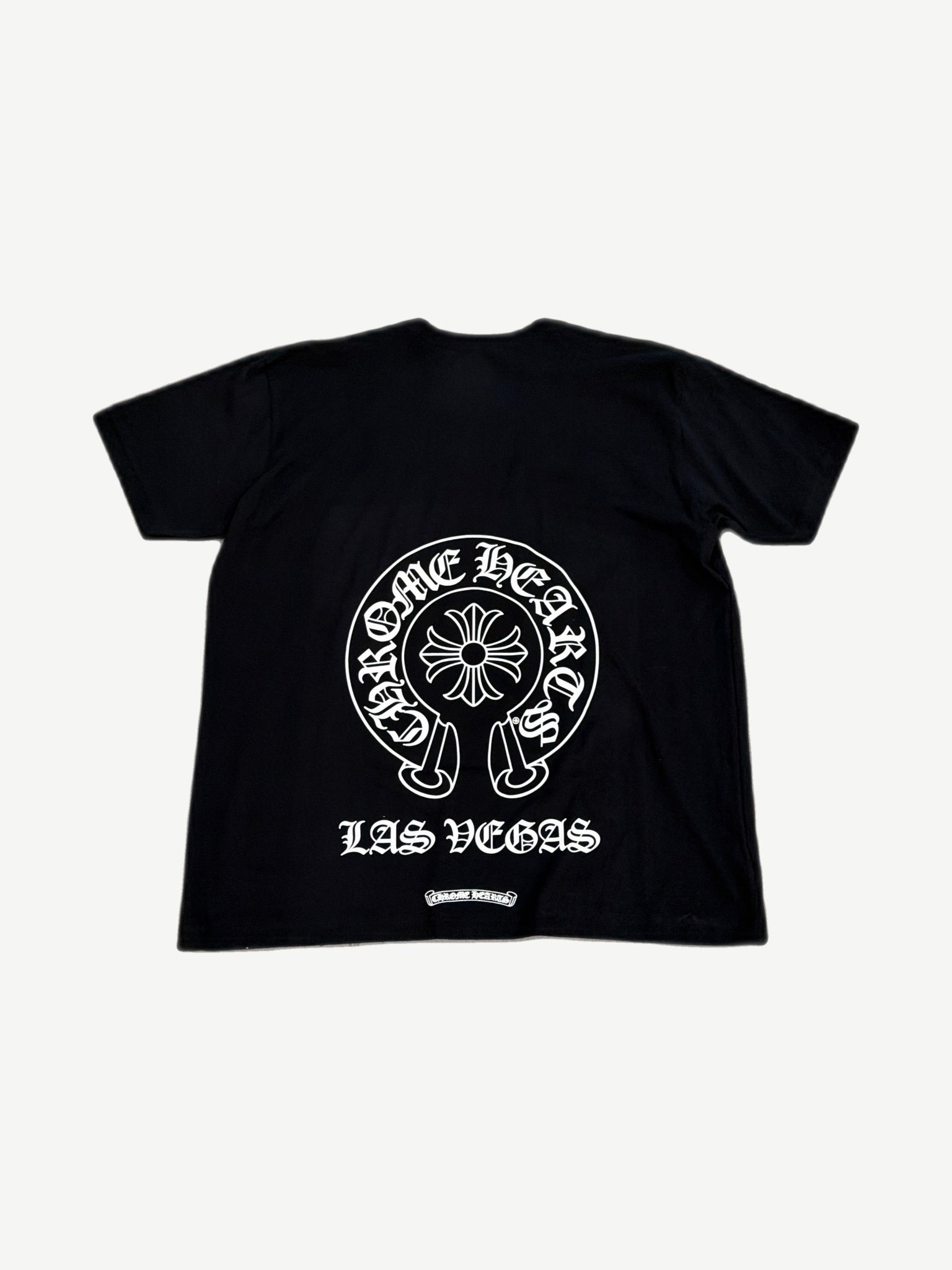 Chrome Hearts black Las Vegas tee back with large horseshoe cross and gothic Las Vegas print