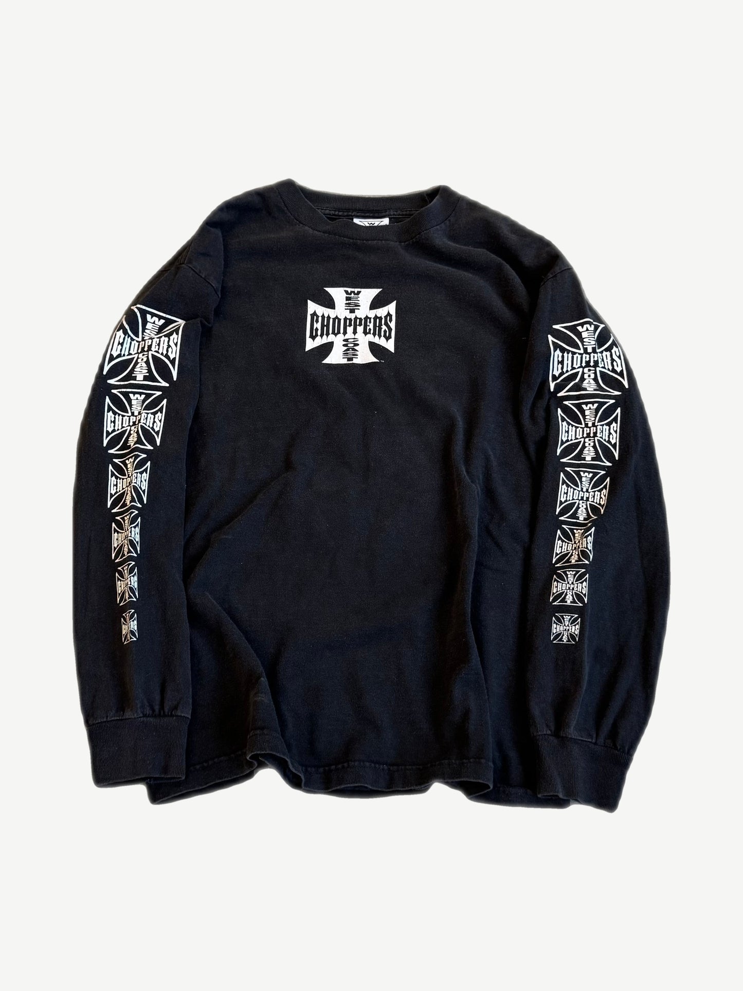 Vintage West Coast Choppers black long sleeve tee front, white iron cross with CHOPPERS chest print and sleeve crosses.