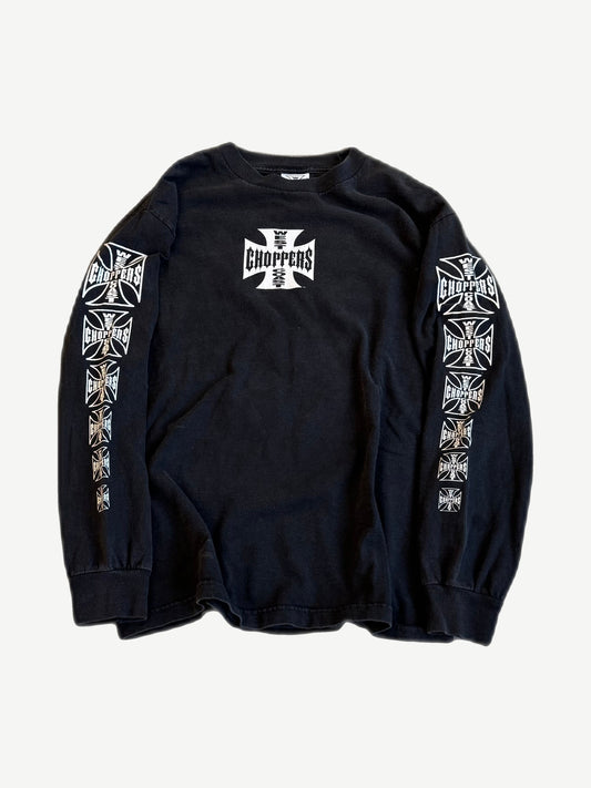 Vintage West Coast Choppers black long sleeve tee front, white iron cross with CHOPPERS chest print and sleeve crosses.