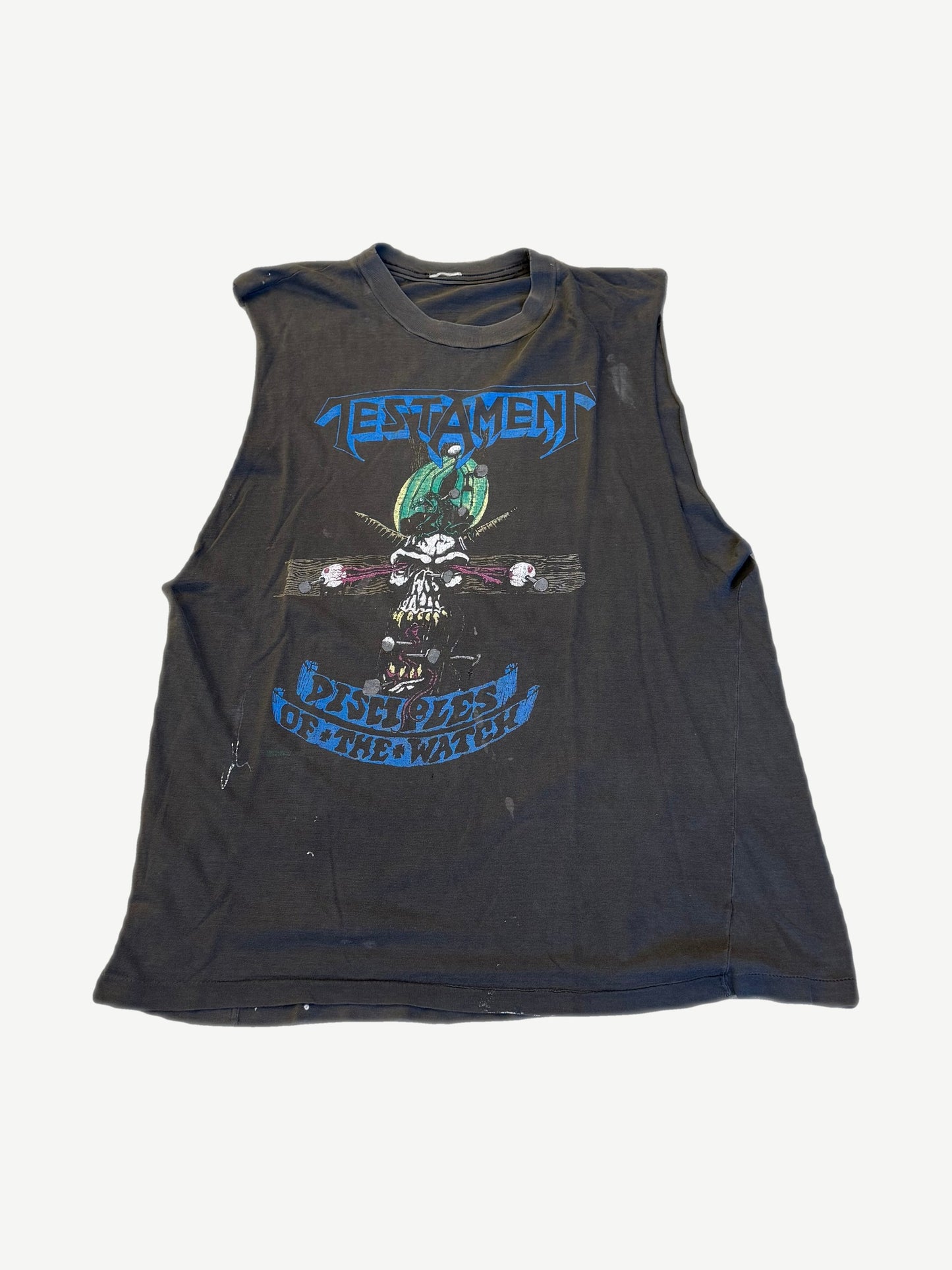 Vintage Testament Disciples of the Watch cutoff tee with white skull and cross graphic on black cotton.