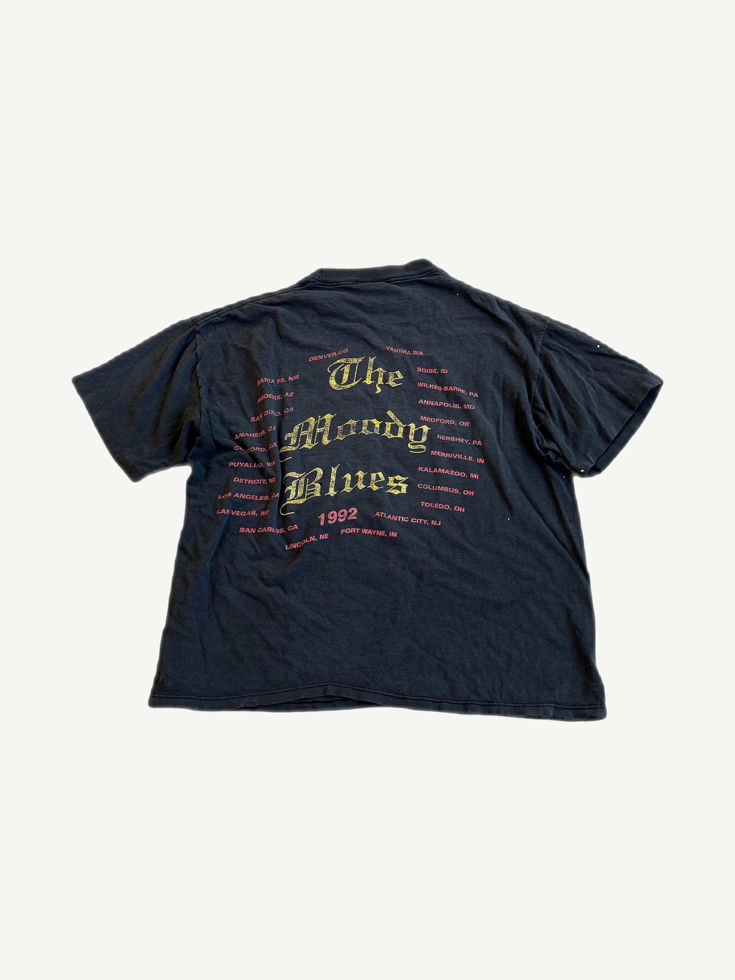 Vintage Moody Blues black tee, back view showing concert tour dates printed in white type