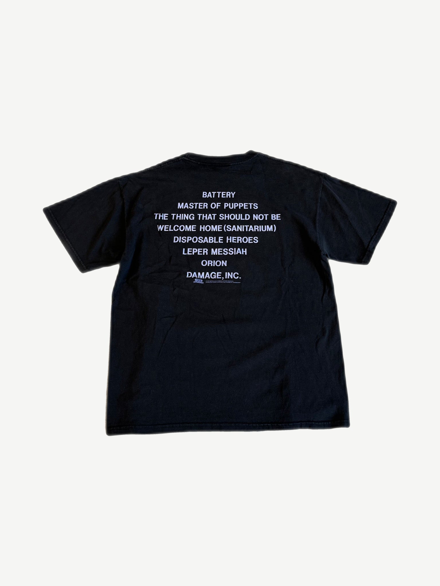 Vintage Metallica Master of Puppets tour tee back, white printed tour date tracklist on faded black cotton.