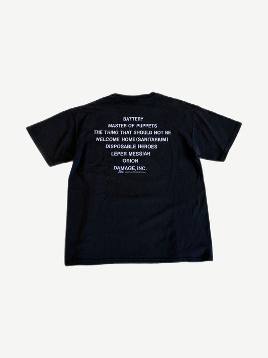 Vintage Metallica Master of Puppets tour tee back, white printed tour date tracklist on faded black cotton.