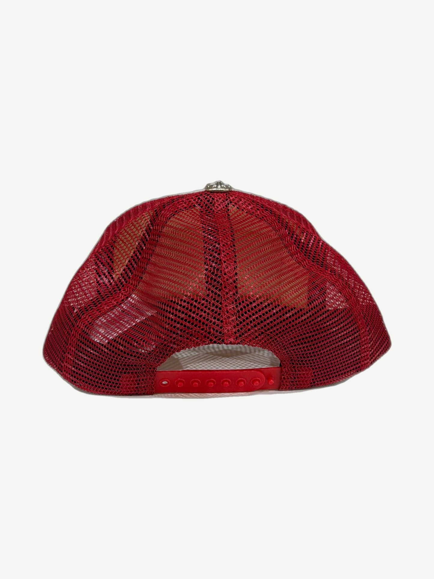 Chrome Hearts CH Hollywood trucker hat side view with mesh back panels and americana colorway.