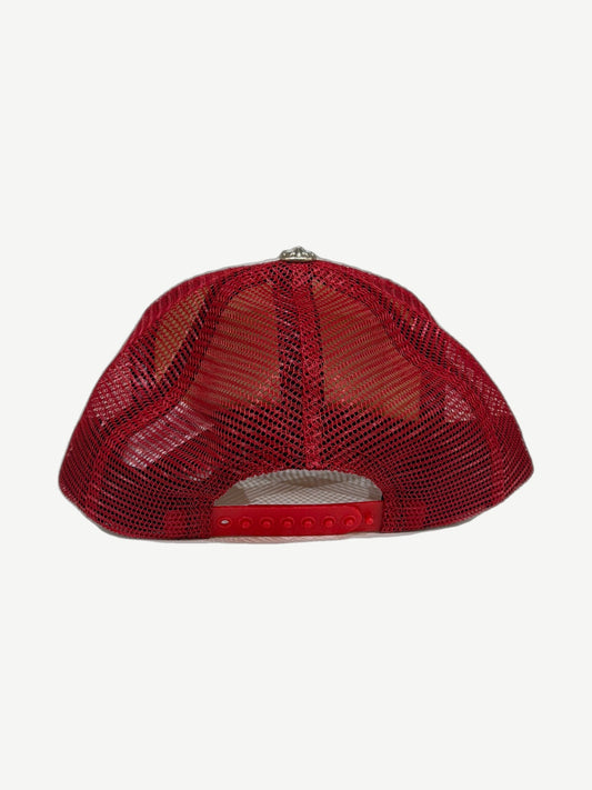 Chrome Hearts CH Hollywood trucker hat side view with mesh back panels and americana colorway.