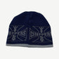 WCC navy beanie alternate angle, ribbed knit acrylic with flame-style WCC cross embroidery in royal blue.