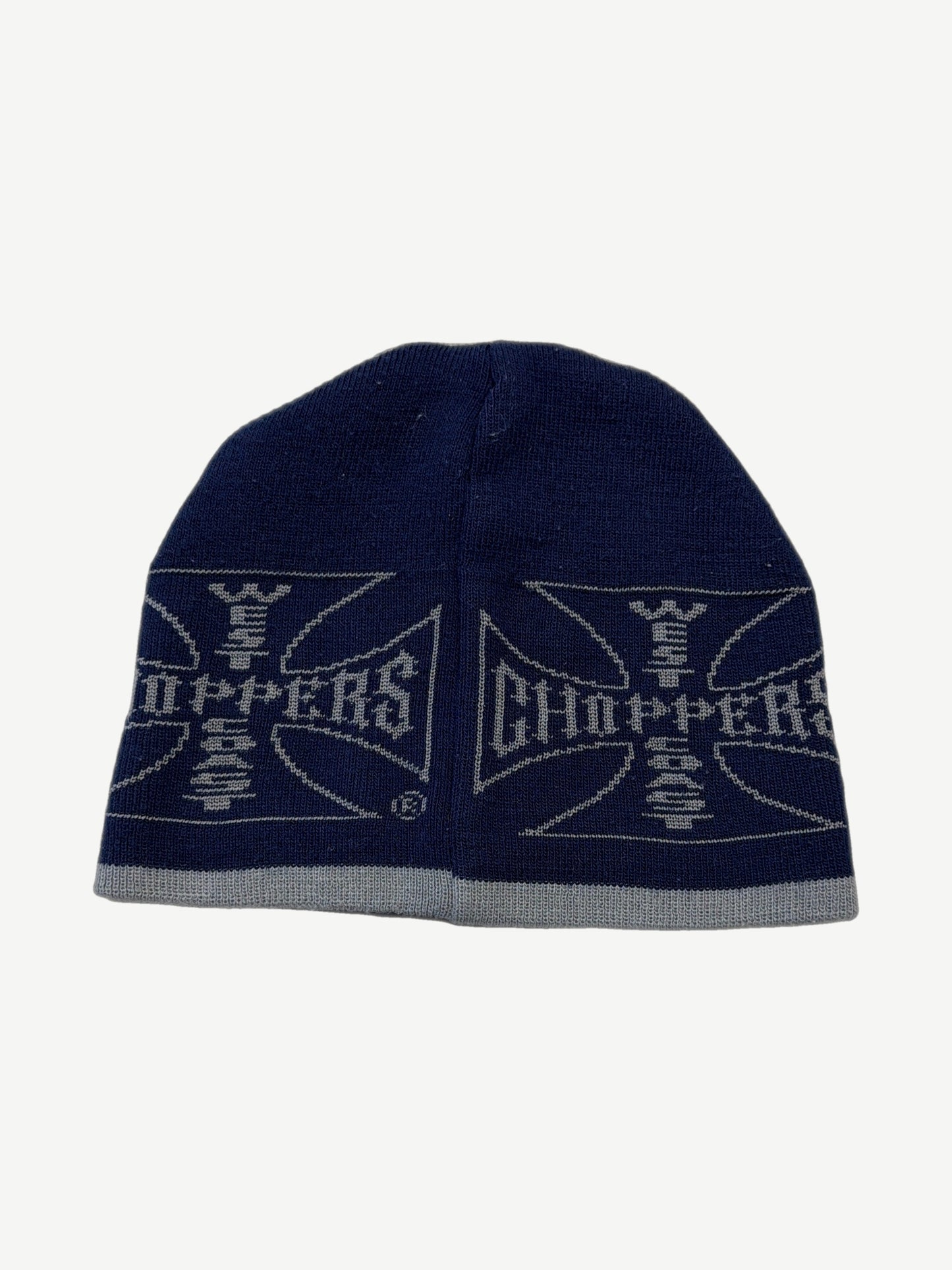 WCC navy beanie alternate angle, ribbed knit acrylic with flame-style WCC cross embroidery in royal blue.