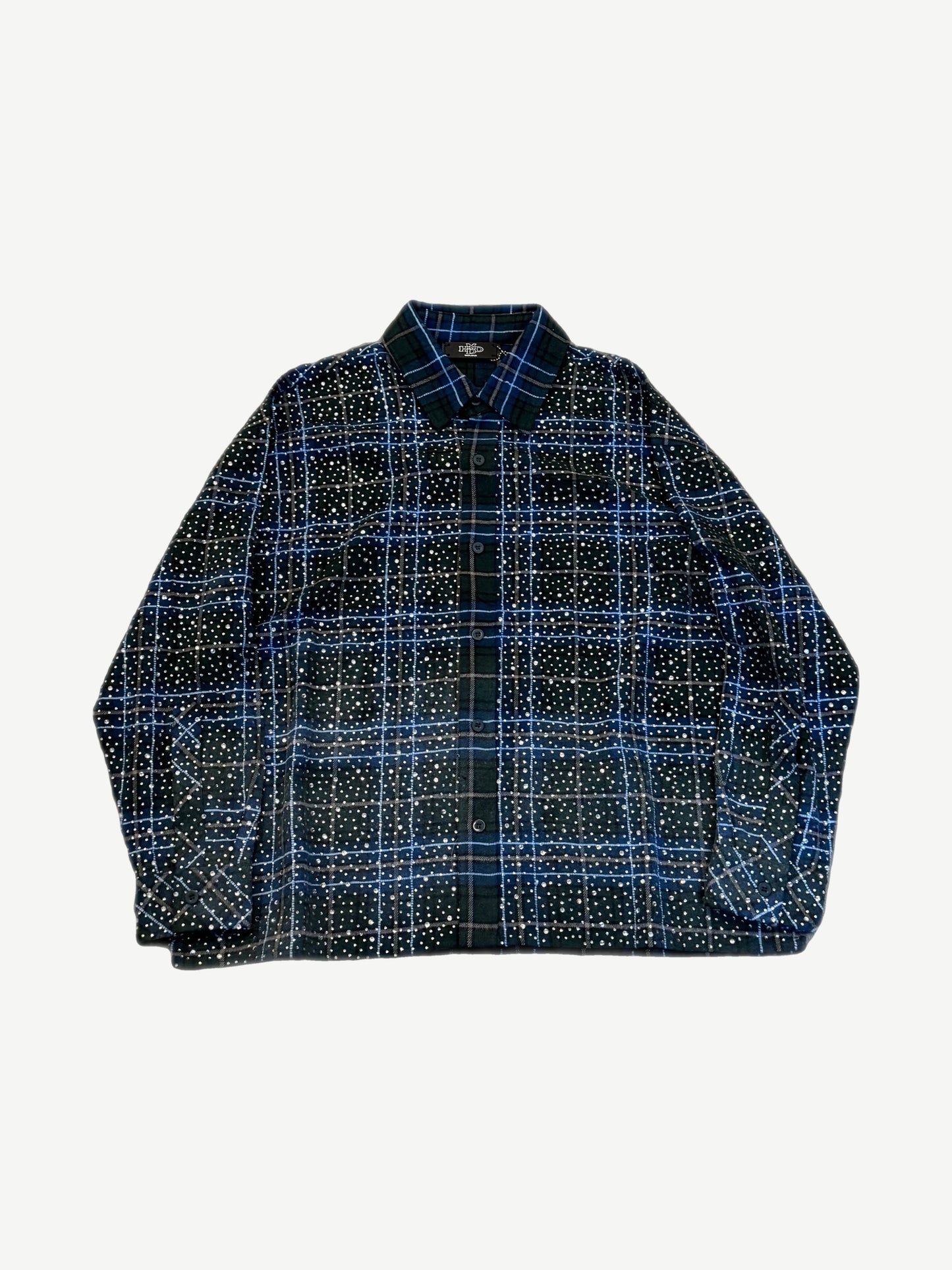 Happy Memories Don't Die HMDD oversized plaid flannel shirt in green and blue tartan with chest pocket and button front.