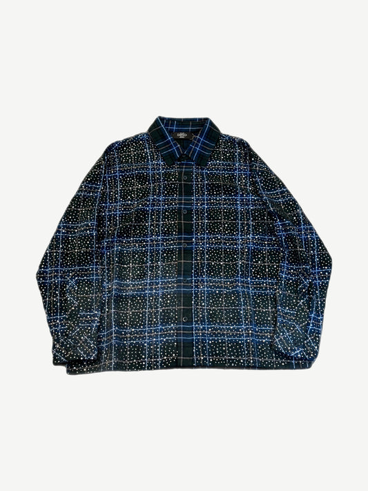 Happy Memories Don't Die HMDD oversized plaid flannel shirt in green and blue tartan with chest pocket and button front.