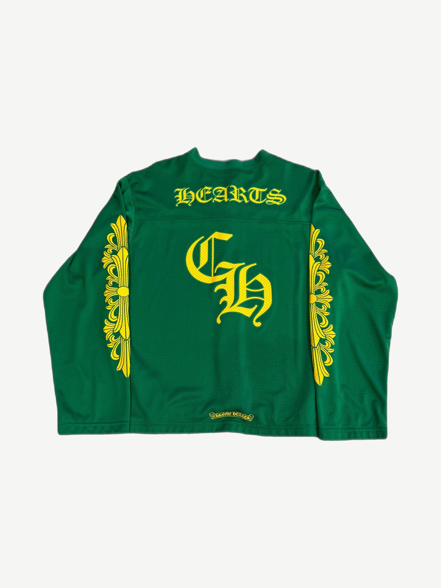 Chrome Hearts green floral mesh longsleeve, back view of allover botanical print and number graphic