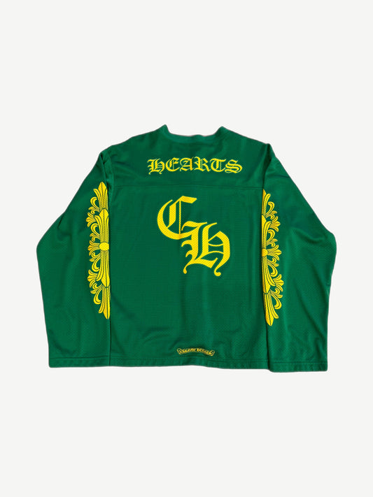 Chrome Hearts green floral mesh longsleeve, back view of allover botanical print and number graphic