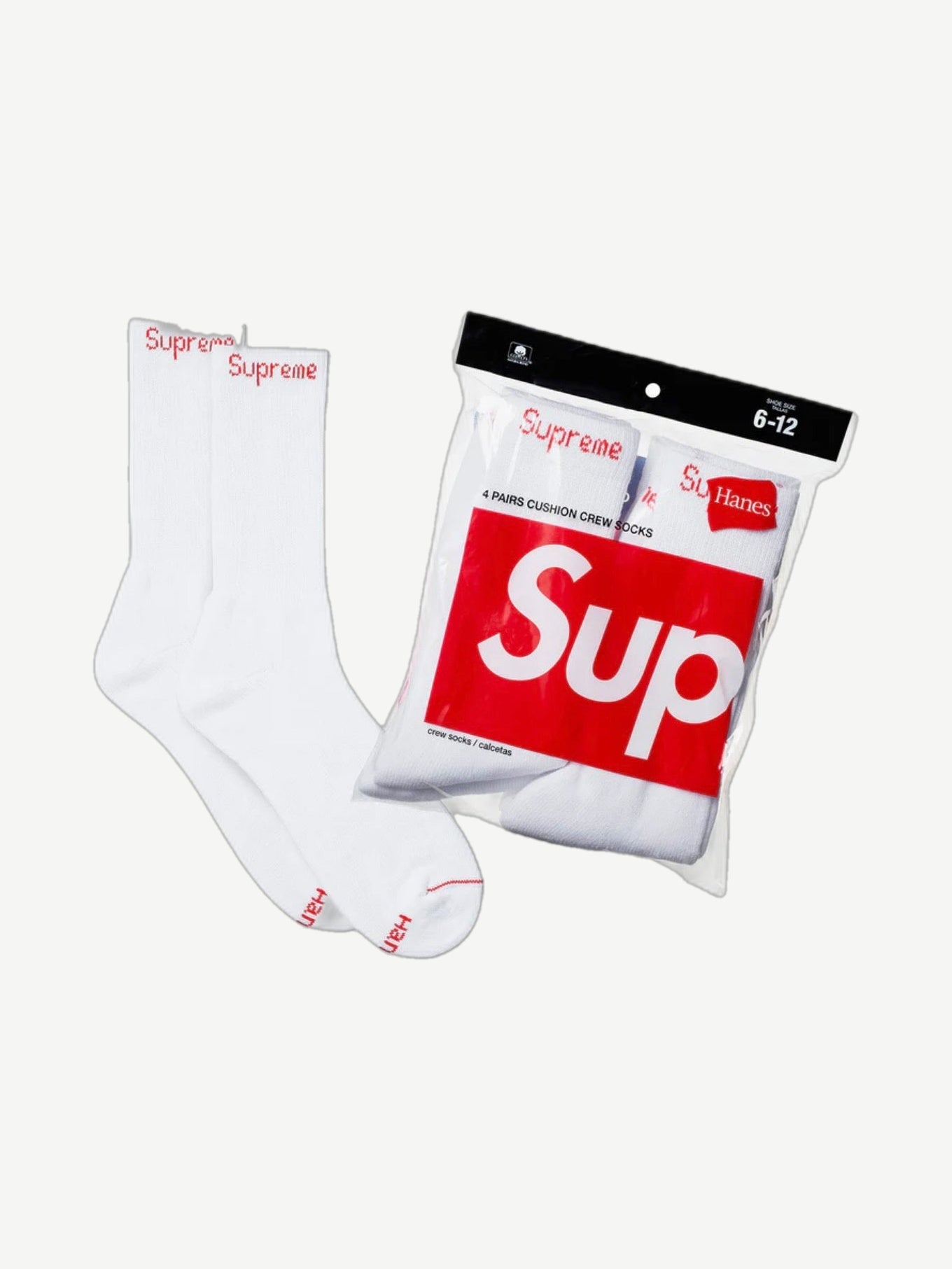 Supreme white 4 pack crew socks in sealed retail packaging with red box logo branding