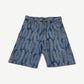 Kapital blue denim jean shorts front with allover woven magpie feather jacquard pattern.