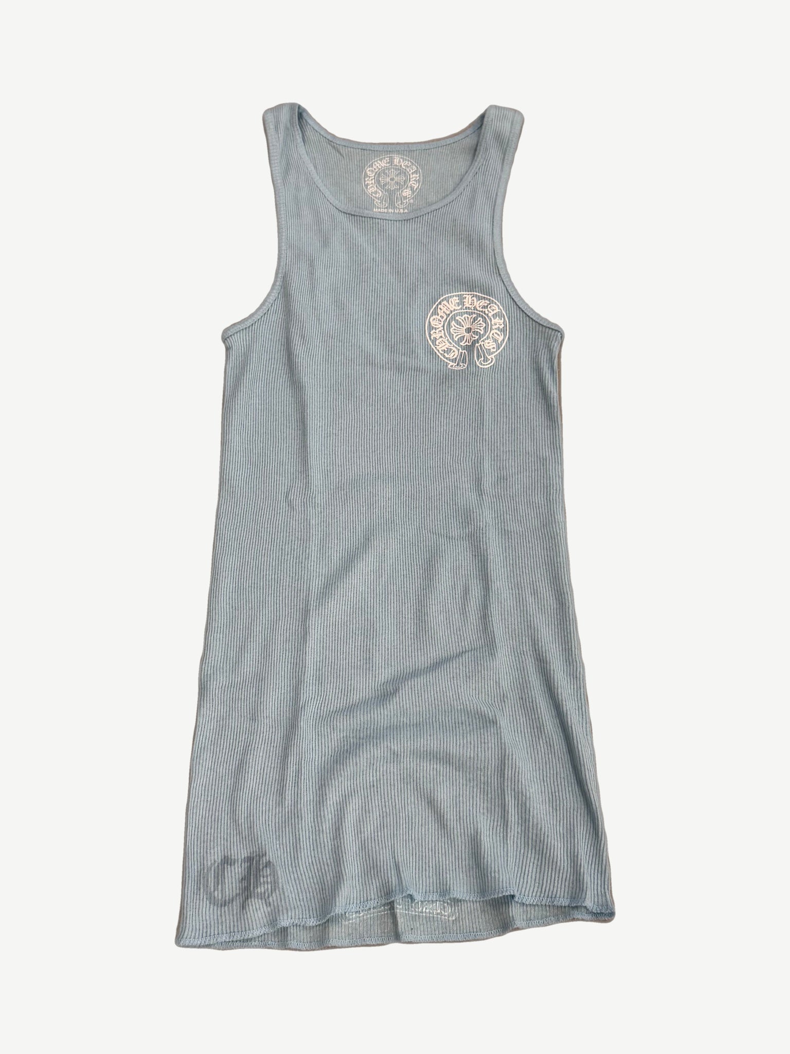 Chrome Hearts baby blue ribbed tank top with white horseshoe cross logo print at chest, front view