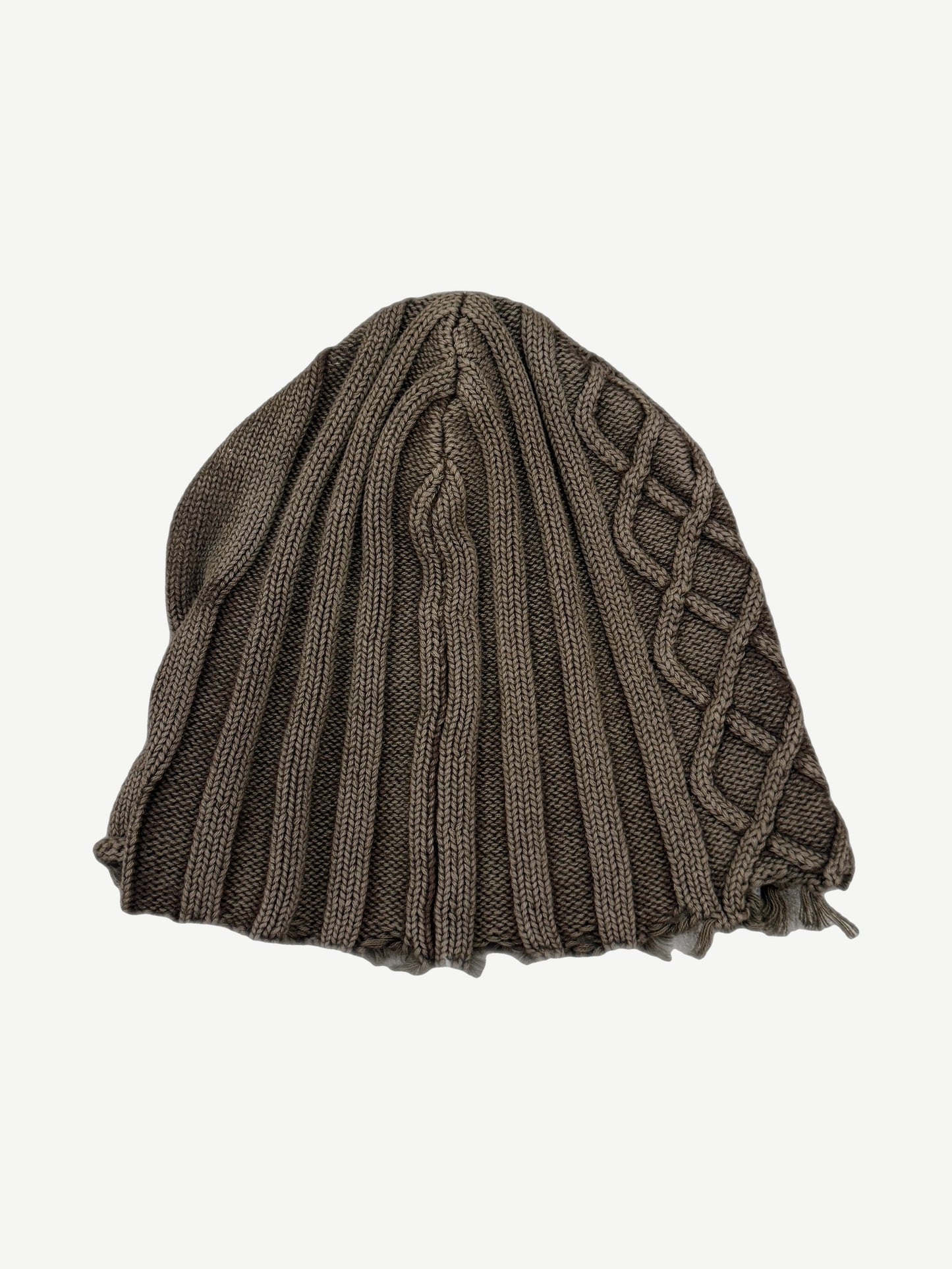 Reverse view of HMDD brown knit beanie showing folded cuff and woven brand label at back.