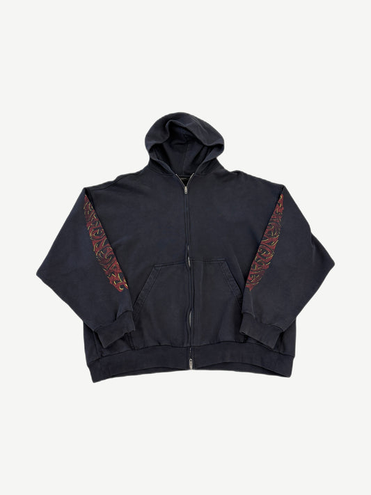 Balenciaga faded black zip up hoodie front with red tribal flame graphics on shoulders and oversized fit