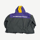 Raspberry Hills charcoal Shanghai rain jacket back with purple shoulder block and Raspberry text
