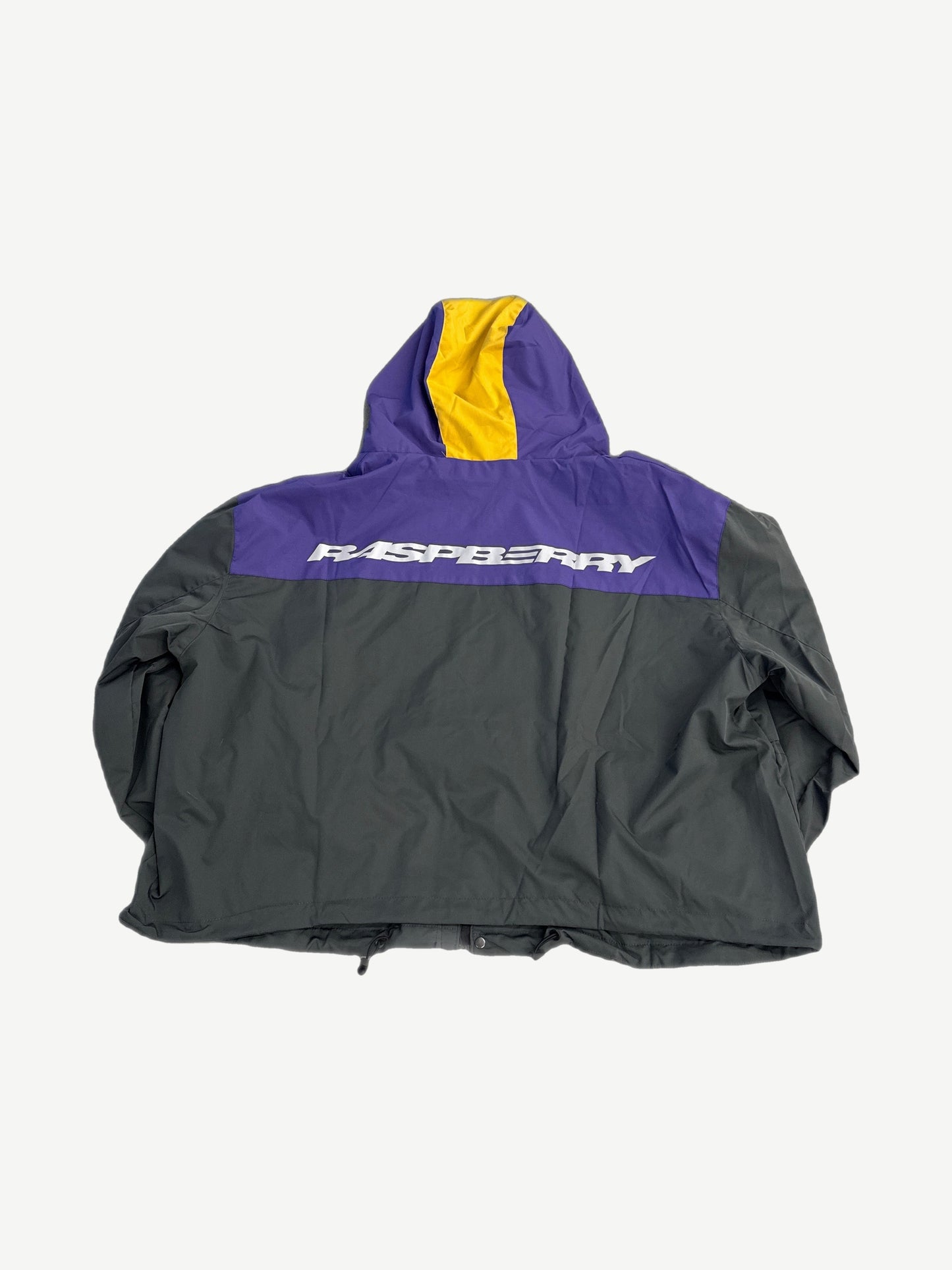 Raspberry Hills charcoal Shanghai rain jacket back with purple shoulder block and Raspberry text
