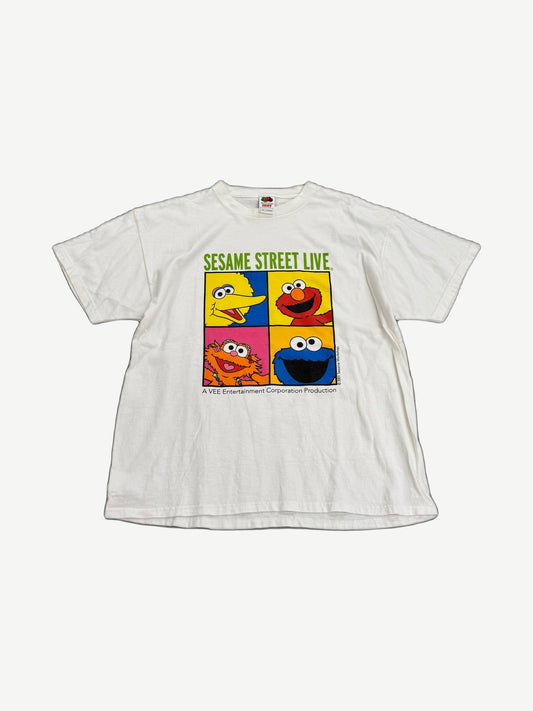 Vintage white Sesame Street Live tee with Big Bird, Elmo, Zoe and Cookie Monster four-square graphic