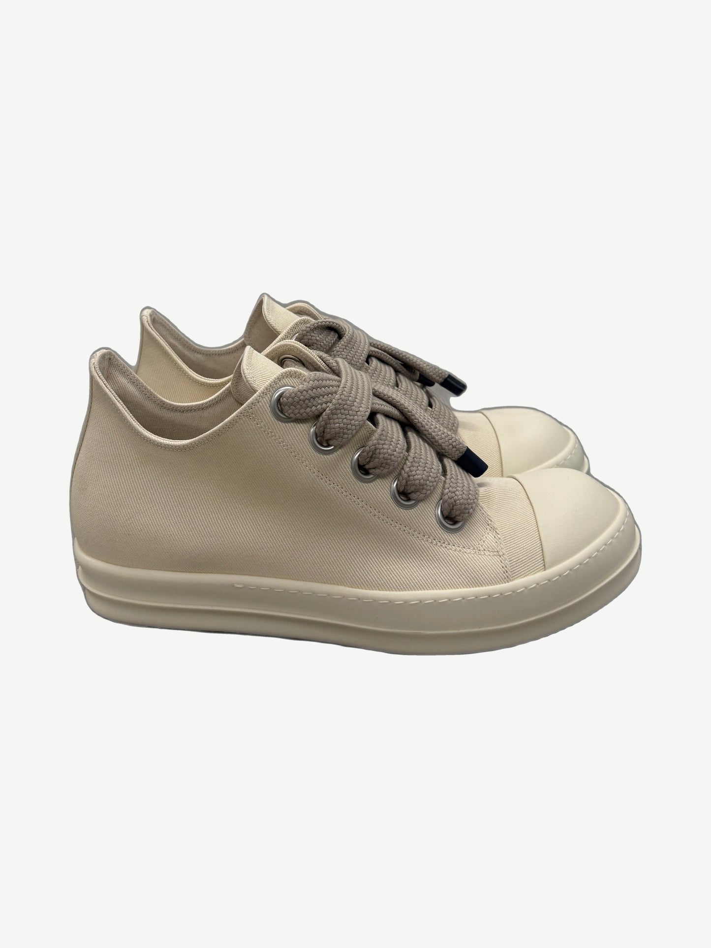 Rick Owens DRKSHDW low-top sneakers in milk canvas with chunky jumbo laces and white rubber cap toe
