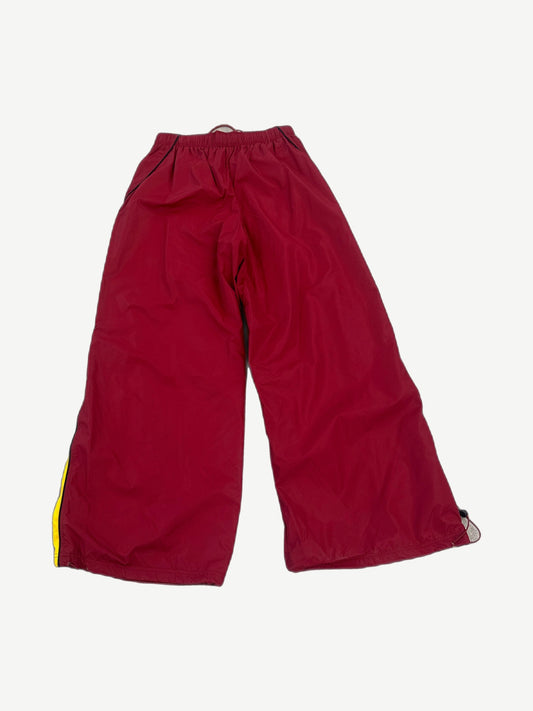HMDD maroon Samurai trackpants back view with gold side stripes and adjustable cinched cuffs