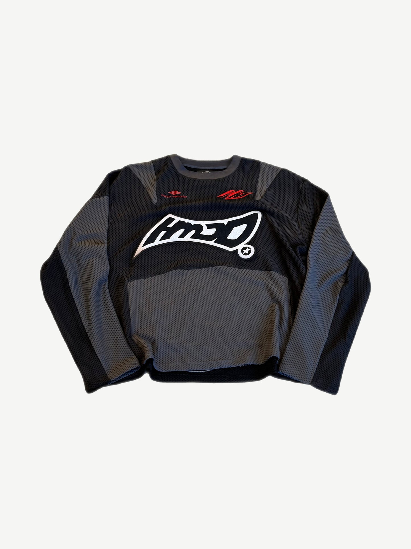 HMDD black ventilated mesh moto jersey front with HMD embroidered chest graphic and racing trims