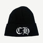 Chrome Hearts black ribbed knit cuffed beanie with white CH gothic logo embroidered on the folded cuff