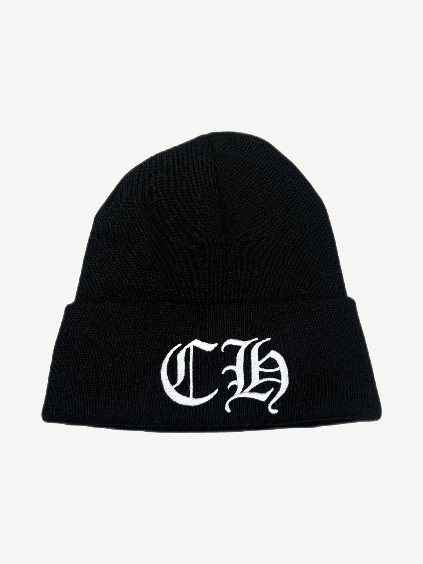 Chrome Hearts black ribbed knit cuffed beanie with white CH gothic logo embroidered on the folded cuff