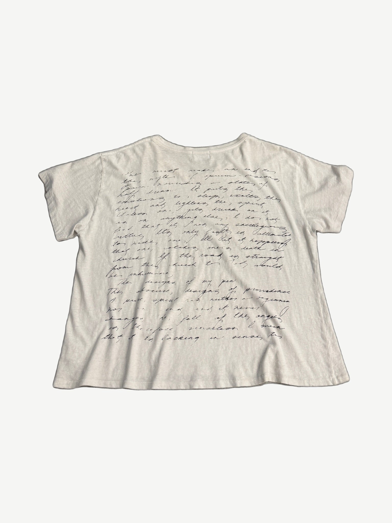 Enfants Riches Deprimes Pharmacist's Daughter cream tee back with cursive handwritten ink lettering.