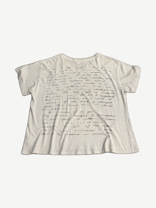 Enfants Riches Deprimes Pharmacist's Daughter cream tee back with cursive handwritten ink lettering.