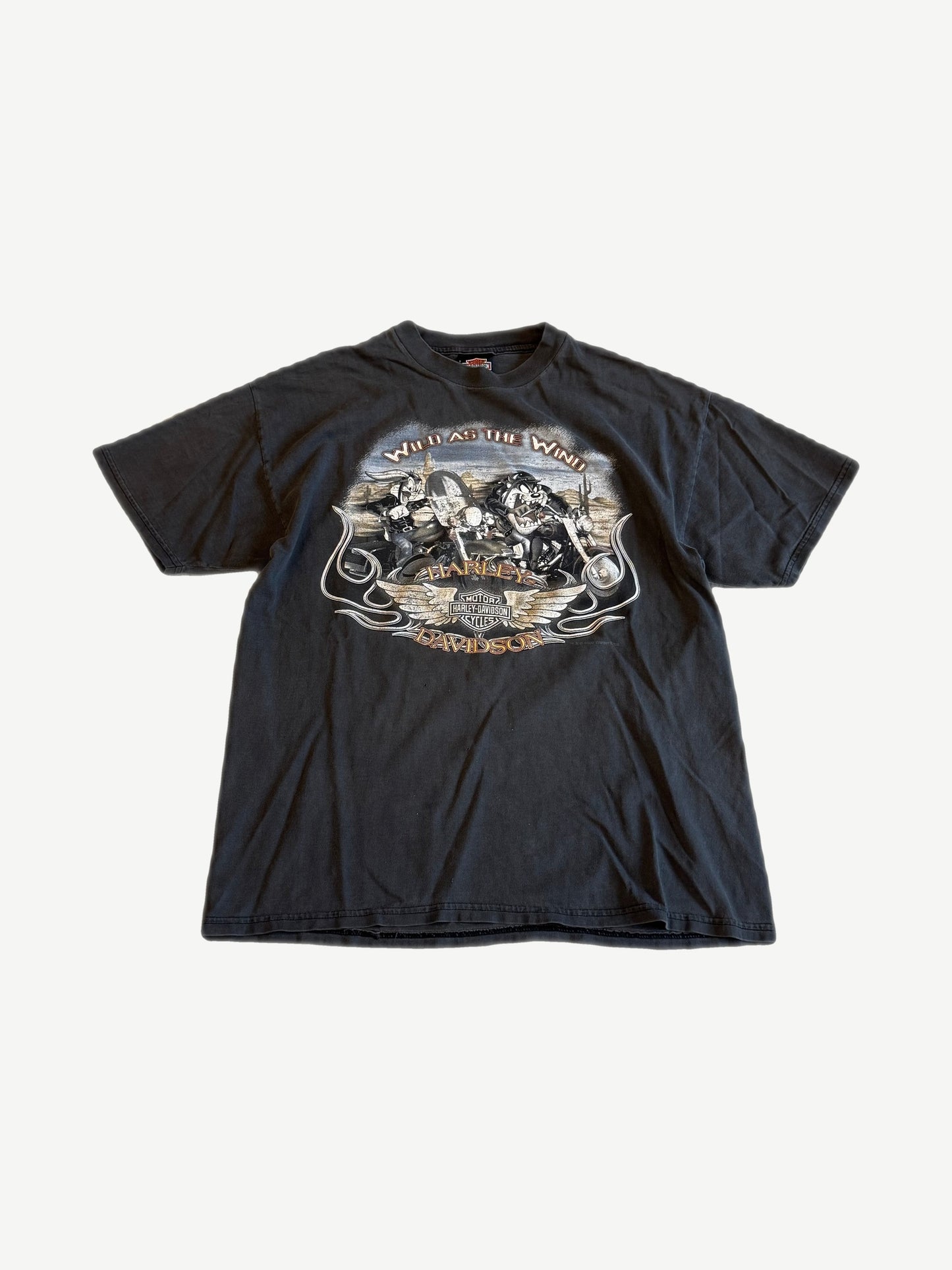 Vintage Harley Davidson Looney Tunes faded black tee with Wild as the Wind biker characters graphic, front view