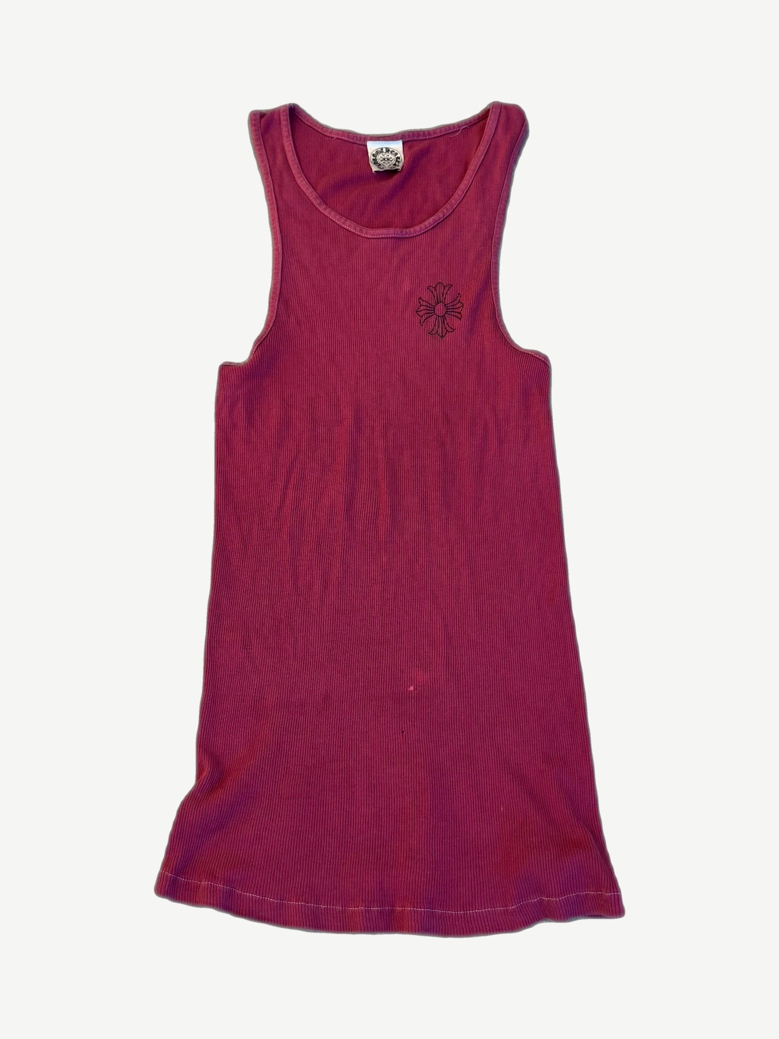 Chrome Hearts Malibu Exclusive burgundy ribbed tank top with small black cross logo on front chest