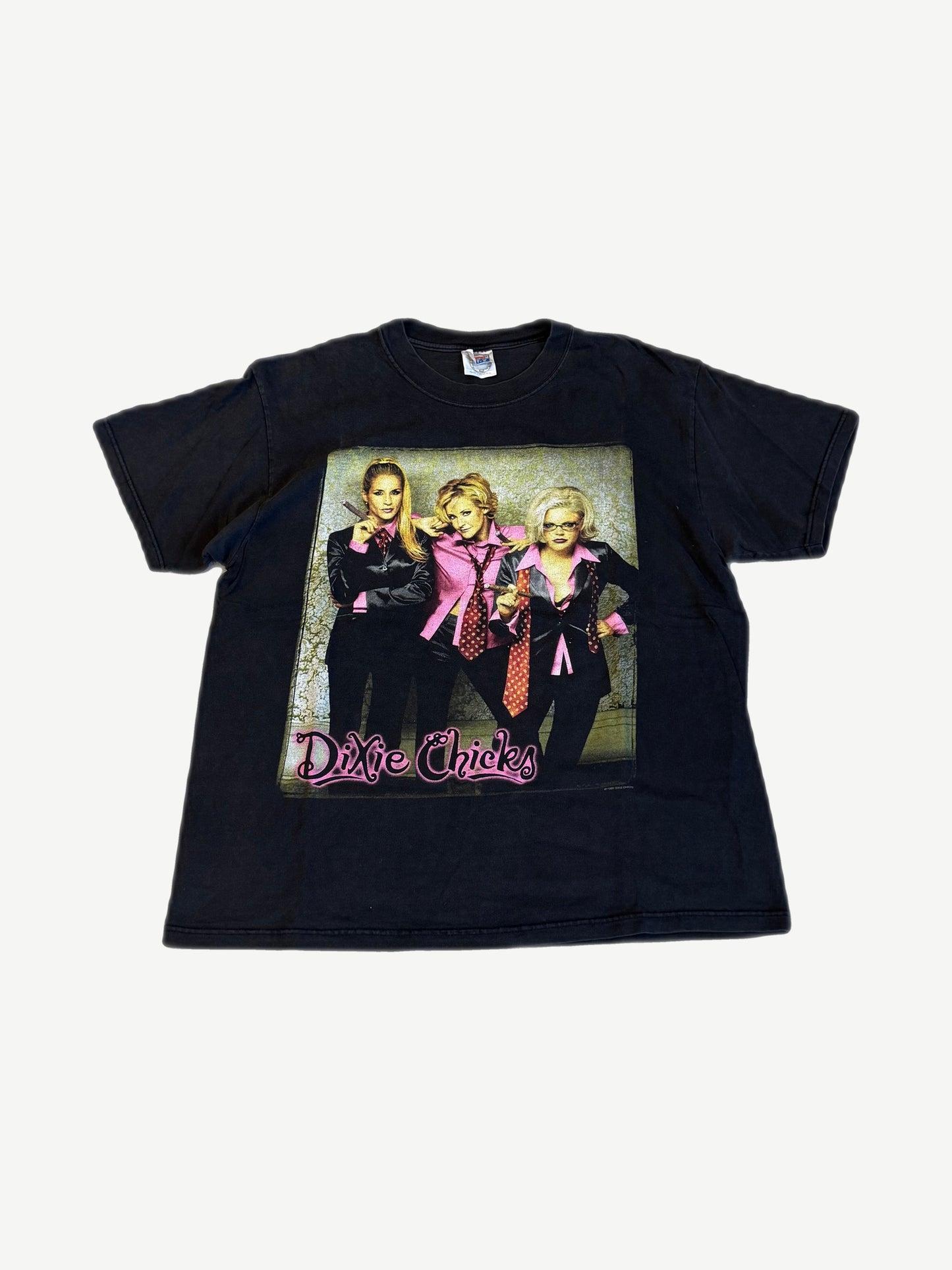 Vintage Dixie Chicks black tee with band photo in pink suits and signature pink cursive Dixie Chicks logo, front