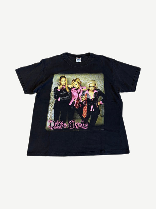 Vintage Dixie Chicks black tee with band photo in pink suits and signature pink cursive Dixie Chicks logo, front