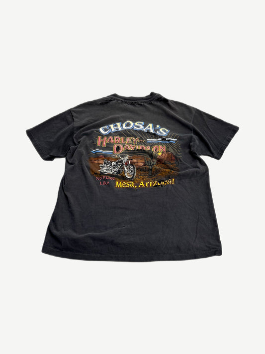 Back of vintage Harley Davidson tee with Chosa's Mesa Arizona desert and chopper motorcycle graphic