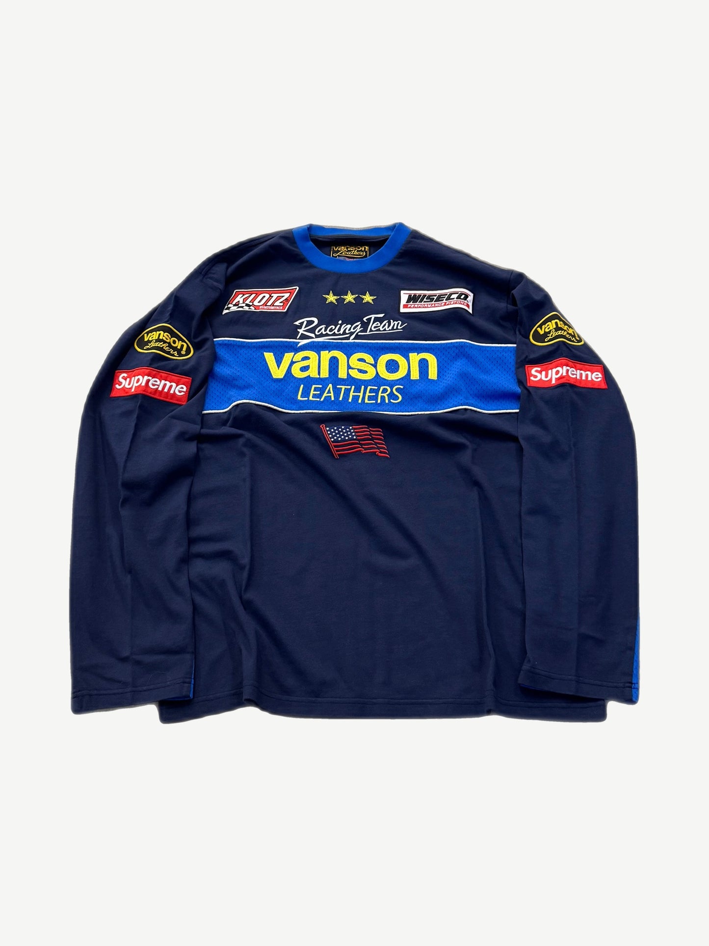 Supreme Vanson Leathers navy racing longsleeve with red box logo, US flag and sponsor patches