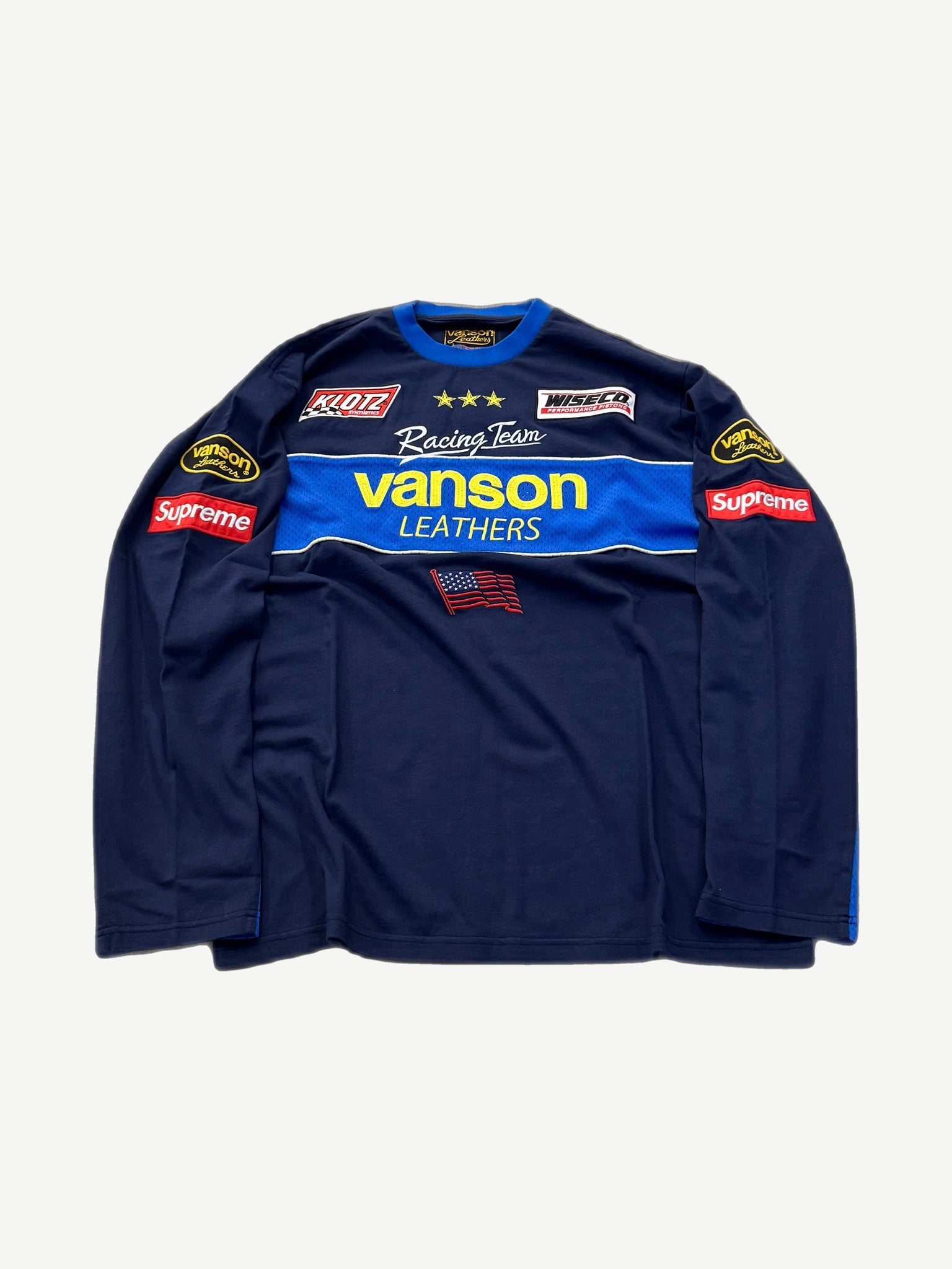 Supreme Vanson Leathers navy racing longsleeve with red box logo, US flag and sponsor patches